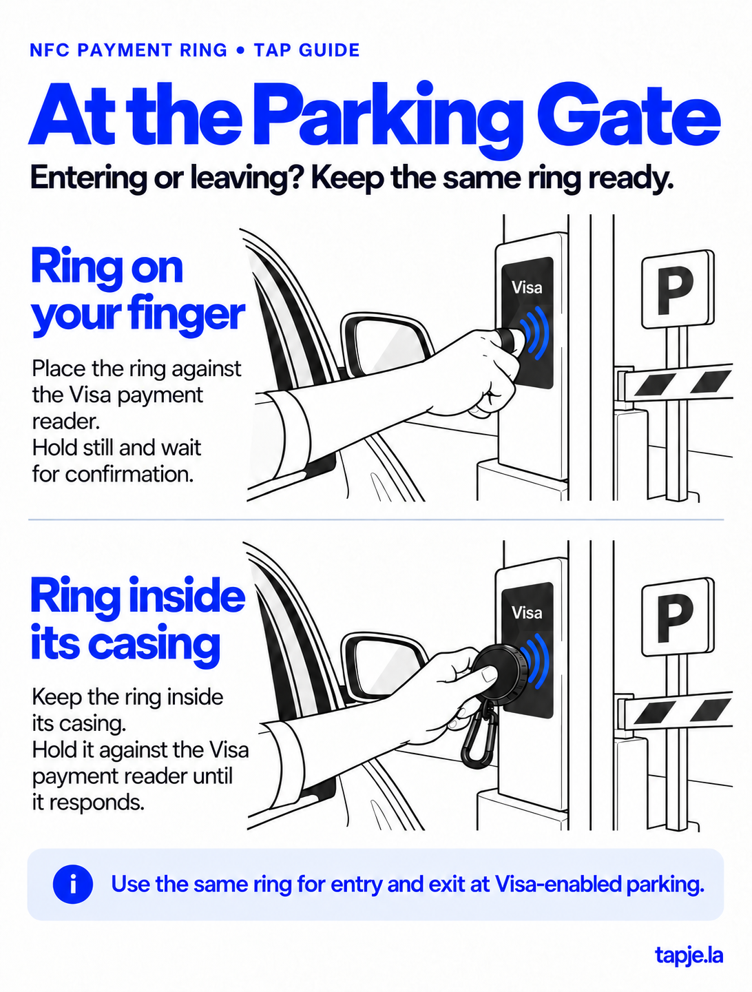 Curled hand presenting the black NFC ring directly against the at the parking gate reader.