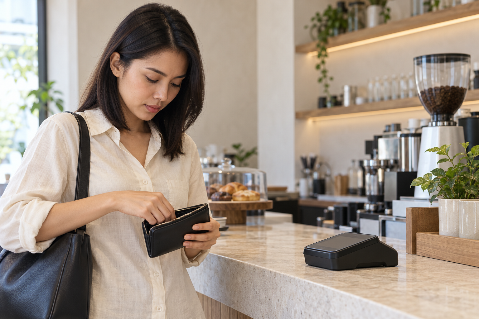 Illustrative scene of the same woman searching her bag for a payment card at the cafe counter